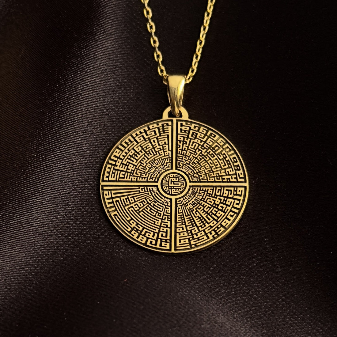islamic-jewelry-4-qul-kufic-design-islamic-necklace-18k-gold-pendant-on-925-silver-elegant-gold-finish-spiritual-shukranislamicart
